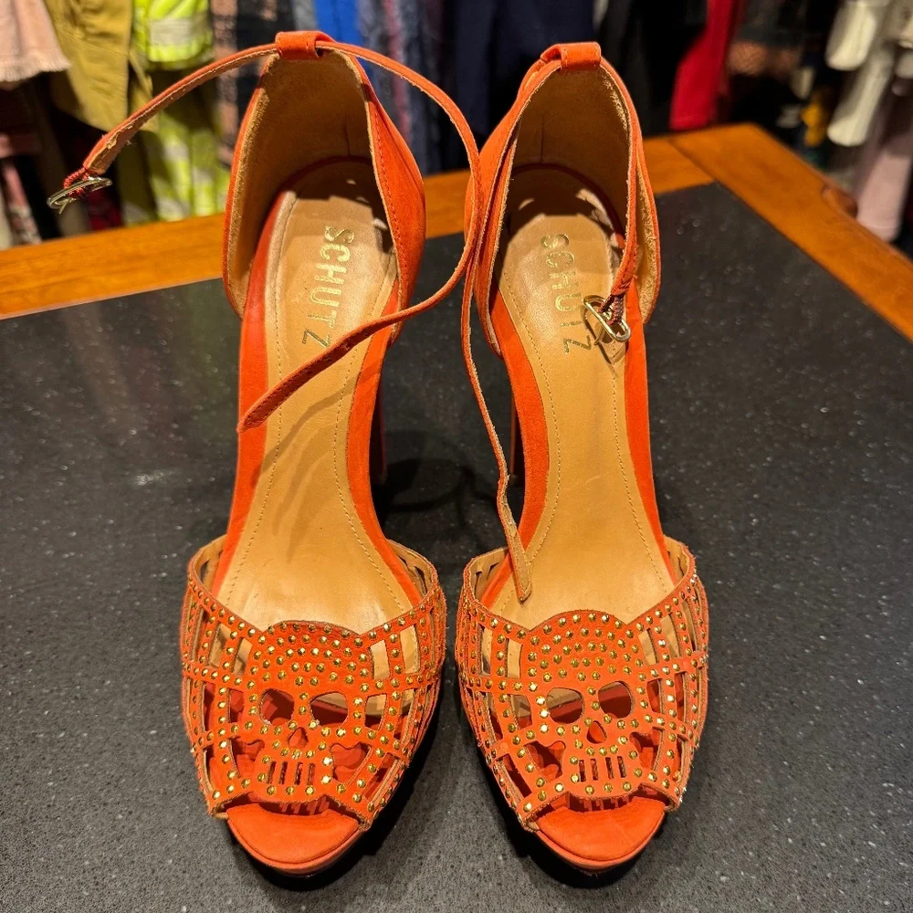 Schutz Sandalia Salto Alto Lollipop with Studded Skulls - Picture 1 of 7